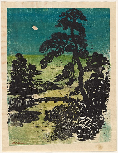 Artist: b'Hincksman, Bob.' | Title: b'Japanese landscape with bridge' | Date: c. 1967 | Technique: b'woodcut, printed in colour, from multiple blocks' Artist: b'Hincksman, Bob.' | Title: b'Japanese landscape with bridge' | Date: c. 1967 | Technique: b'woodcut, printed in colour, from multiple blocks'