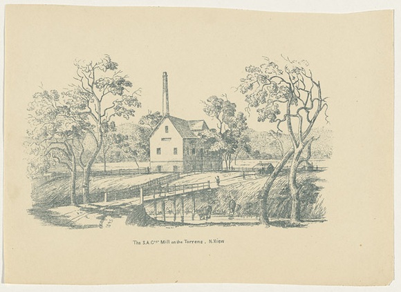 Title: b'The S.A. Cost. Mill on the Torrens. N. View' | Date: c.1880s | Technique: b'transfer-lithograph, printed in dark green, from one stone [or plate]'