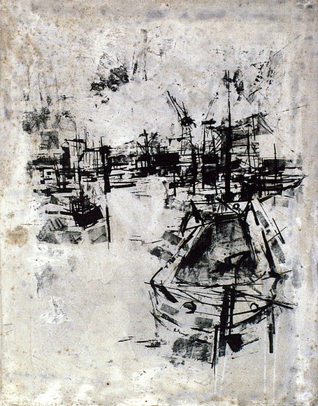 Artist: b'Grieve, Robert.' | Title: b'Around the harbour' | Date: 1959 | Technique: b'lithograph on hard grained aluminium plate' Artist: b'Grieve, Robert.' | Title: b'Around the harbour' | Date: 1959 | Technique: b'lithograph on hard grained aluminium plate'