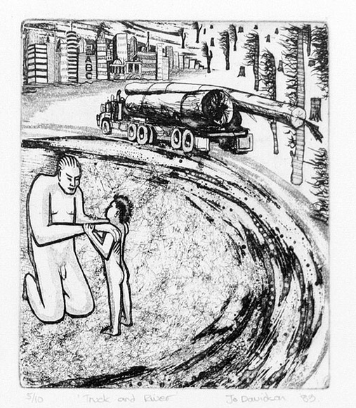 Artist: b'Davidson, Jo.' | Title: b'Truck and River.' | Date: 1989 | Technique: b'etching, printed in black ink, from one plate' | Copyright: b'\xc2\xa9 Jo Davidson. Licensed by VISCOPY, Australia' Artist: b'Davidson, Jo.' | Title: b'Truck and River.' | Date: 1989 | Technique: b'etching, printed in black ink, from one plate' | Copyright: b'\xc2\xa9 Jo Davidson. Licensed by VISCOPY, Australia'