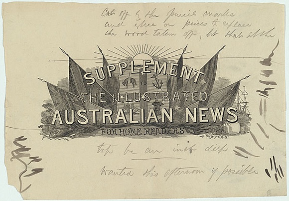 Title: b'Masthead: Supplement to the Illustrated Australian News.' | Date: c.1879 | Technique: b'wood-engraving, printed in black ink, from one block' Title: b'Masthead: Supplement to the Illustrated Australian News.' | Date: c.1879 | Technique: b'wood-engraving, printed in black ink, from one block'