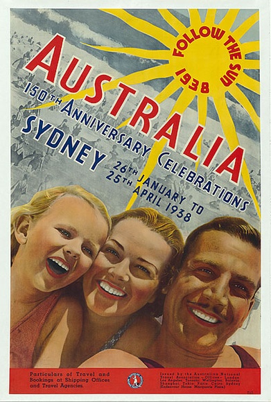 Title: b'Follow the sun 1938. Australia. 150th Anniversary celebrations, Sydney.' | Date: 1937 | Technique: b'photo-lithograph, printed in colour, from multiple plates' Title: b'Follow the sun 1938. Australia. 150th Anniversary celebrations, Sydney.' | Date: 1937 | Technique: b'photo-lithograph, printed in colour, from multiple plates'