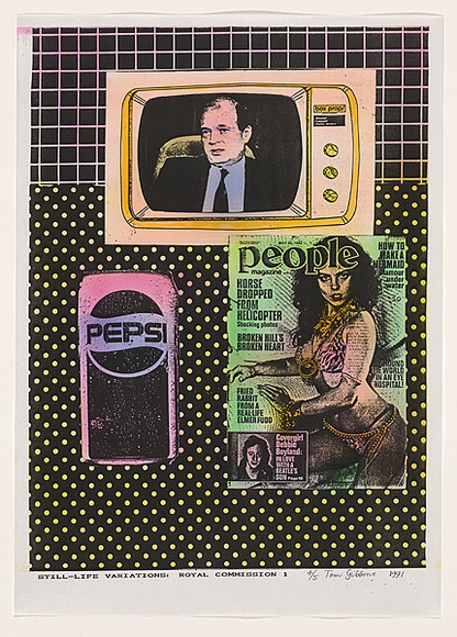 Title: b'Still life variations: royal commission 1' | Date: 1991 | Technique: b'photocopy, printed in black ink, from collaged artwork; hand-coloured with aerosol paint' Title: b'Still life variations: royal commission 1' | Date: 1991 | Technique: b'photocopy, printed in black ink, from collaged artwork; hand-coloured with aerosol paint'