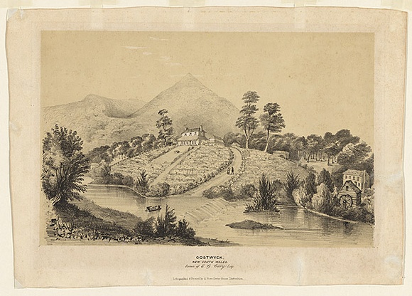Title: b'Gostwyck, N.S.W., Estate of E.G. Cory' | Date: c. 1836 | Technique: b'lithograph, printed in black ink, from two stones' Title: b'Gostwyck, N.S.W., Estate of E.G. Cory' | Date: c. 1836 | Technique: b'lithograph, printed in black ink, from two stones'