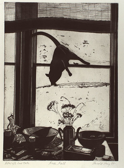 Artist: b'Haig, Harold.' | Title: b'Free fall' | Date: 1994 | Technique: b'etching and aquatint, printed in black ink, from one plate' Artist: b'Haig, Harold.' | Title: b'Free fall' | Date: 1994 | Technique: b'etching and aquatint, printed in black ink, from one plate'