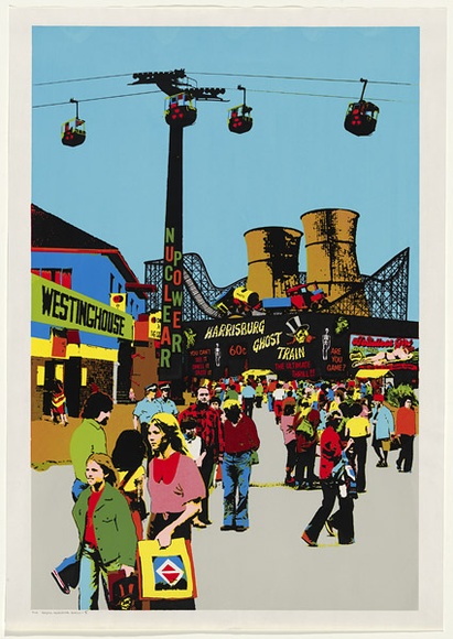 Artist: b'Robertson, Toni.' | Title: b'Harrisburg ghost train' | Date: 1981 | Technique: b'screenprint, printed in colour, from four hand-cut and three photo-stencils' | Copyright: b'\xc2\xa9 Toni Robertson' Artist: b'Robertson, Toni.' | Title: b'Harrisburg ghost train' | Date: 1981 | Technique: b'screenprint, printed in colour, from four hand-cut and three photo-stencils' | Copyright: b'\xc2\xa9 Toni Robertson'