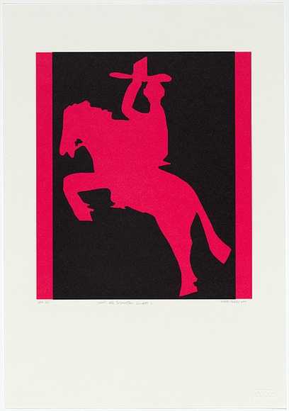 Artist: b'Rooney, Robert.' | Title: b'School arts silhouettes: cowboy 2' | Date: 2001, July - August | Technique: b'photolithograph, printed in black and red ink, from two stones' | Copyright: b'Courtesy of Tolarno Galleries' Artist: b'Rooney, Robert.' | Title: b'School arts silhouettes: cowboy 2' | Date: 2001, July - August | Technique: b'photolithograph, printed in black and red ink, from two stones' | Copyright: b'Courtesy of Tolarno Galleries'