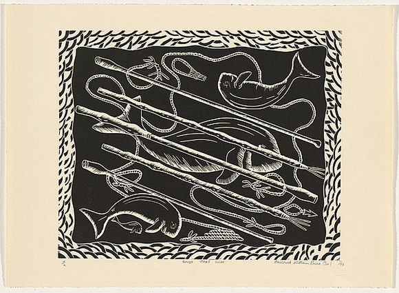 Title: b'Torres Strait today' | Date: c.1993 | Technique: b'linocut, printed in black ink, from one block'