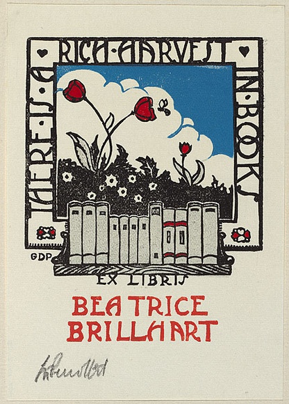 Artist: b'PERROTTET, George' | Title: b'Bookplate: Beatrice Brillheart.' | Date: 1932 | Technique: b'linocut, printed in colour, from four blocks' Artist: b'PERROTTET, George' | Title: b'Bookplate: Beatrice Brillheart.' | Date: 1932 | Technique: b'linocut, printed in colour, from four blocks'