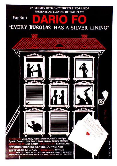 Artist: b'Stejskal, Josef Lada.' | Title: bUniversity of Sydney Theatre Workshop ... Dario Fo 'Every burgular has a silver lining'. | Date: 1981 | Technique: b'offset-lithograph' Artist: b'Stejskal, Josef Lada.' | Title: bUniversity of Sydney Theatre Workshop ... Dario Fo 'Every burgular has a silver lining'. | Date: 1981 | Technique: b'offset-lithograph'