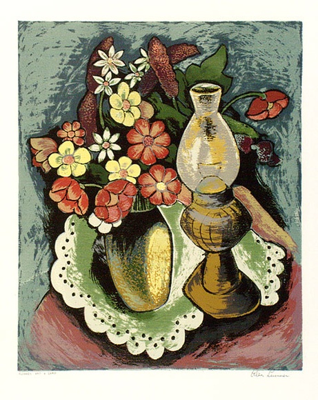 Artist: b'Sumner, Alan.' | Title: b'Flowers and a lamp' | Date: 1948 | Technique: b'screenprint, printed in colour, from 17 stencils' Artist: b'Sumner, Alan.' | Title: b'Flowers and a lamp' | Date: 1948 | Technique: b'screenprint, printed in colour, from 17 stencils'