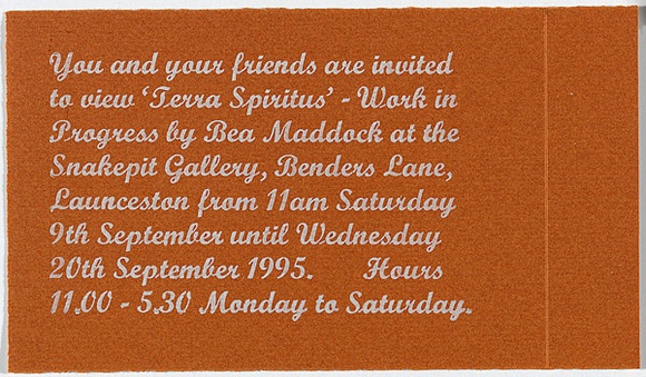 Title: b'Exhibition invitation: Terra spiritus work in progress' | Date: 1995 | Technique: b'etching, printed in silver ink, from one plate' Title: b'Exhibition invitation: Terra spiritus work in progress' | Date: 1995 | Technique: b'etching, printed in silver ink, from one plate'