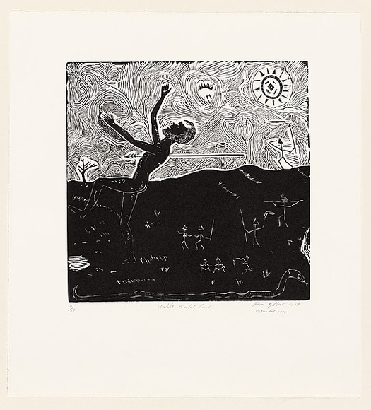 Artist: b'Gilbert, Kevin.' | Title: b'Wahlo: Total law' | Date: 1967 | Technique: b'linocut, printed in black ink, from one block' Artist: b'Gilbert, Kevin.' | Title: b'Wahlo: Total law' | Date: 1967 | Technique: b'linocut, printed in black ink, from one block'