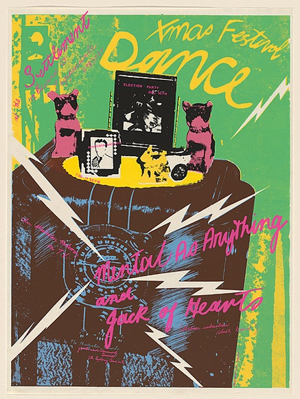 Artist: b'Mackay, Jan' | Title: b'Xmas Festival Dance - at the Settlement. Mental as Anything and Jack of Hearts.' | Date: 1977 | Technique: b'screenprint, printed in colour, from six stencils' Artist: b'Mackay, Jan' | Title: b'Xmas Festival Dance - at the Settlement. Mental as Anything and Jack of Hearts.' | Date: 1977 | Technique: b'screenprint, printed in colour, from six stencils'