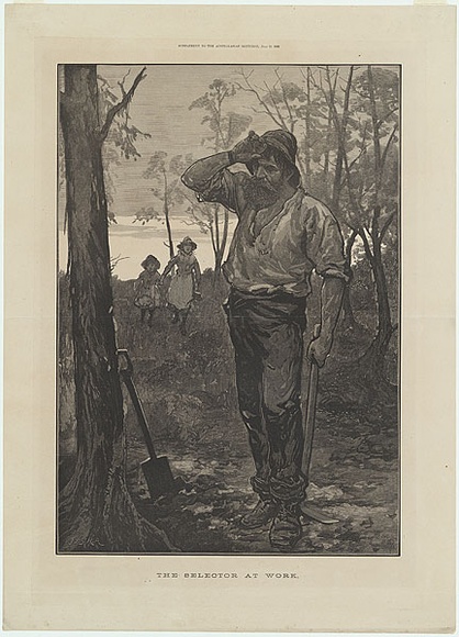 Artist: b'Ashton, Julian.' | Title: b'The selector at work.' | Date: 1882 | Technique: b'wood-engraving, printed in colour, from multiple blocks' Artist: b'Ashton, Julian.' | Title: b'The selector at work.' | Date: 1882 | Technique: b'wood-engraving, printed in colour, from multiple blocks'