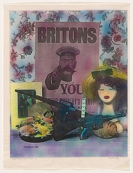 Title: b'Vanitas still life: Kitchener wants you' | Date: 1983 | Technique: b'photocopy, printed in black ink, from collaged artwork; hand-coloured with aerosol paint' Title: b'Vanitas still life: Kitchener wants you' | Date: 1983 | Technique: b'photocopy, printed in black ink, from collaged artwork; hand-coloured with aerosol paint'