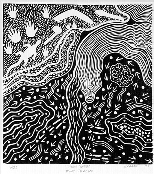 Artist: b'Bates, Badger' | Title: b'Thina yappa (Foot tracks)' | Date: 1993 | Technique: b'linocut, printed in black ink, from one block' Artist: b'Bates, Badger' | Title: b'Thina yappa (Foot tracks)' | Date: 1993 | Technique: b'linocut, printed in black ink, from one block'