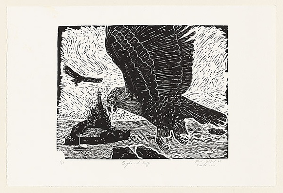 Artist: b'Gilbert, Kevin.' | Title: b'Eagles at bay' | Date: 1967 | Technique: b'linocut, printed in black ink, from one block' Artist: b'Gilbert, Kevin.' | Title: b'Eagles at bay' | Date: 1967 | Technique: b'linocut, printed in black ink, from one block'