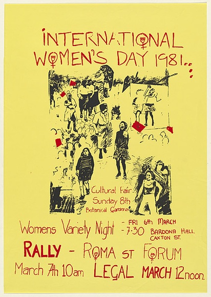 Artist: b'UNKNOWN (UNIVERSITY OF QUEENSLAND STUDENT WORKSHOP)' | Title: bInternational Women's Day, 1981 | Date: 1981 | Technique: b'screenprint, printed in colour, from two stencils' Artist: b'UNKNOWN (UNIVERSITY OF QUEENSLAND STUDENT WORKSHOP)' | Title: bInternational Women's Day, 1981 | Date: 1981 | Technique: b'screenprint, printed in colour, from two stencils'