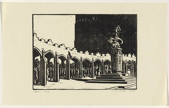 Artist: b'Hirschfeld Mack, Ludwig.' | Title: b'Corio (The cloisters).' | Date: 1943 | Technique: b'woodcut, printed in black ink, from one block' Artist: b'Hirschfeld Mack, Ludwig.' | Title: b'Corio (The cloisters).' | Date: 1943 | Technique: b'woodcut, printed in black ink, from one block'
