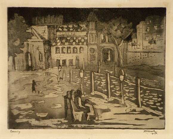 Artist: b'de Kesler, Thomas.' | Title: b'Evening.' | Date: 1959 | Technique: b'aquatint and etching, printed in black ink with plate-tone, from one plate' | Copyright: b'\xc2\xa9 Thomas de Kessler' Artist: b'de Kesler, Thomas.' | Title: b'Evening.' | Date: 1959 | Technique: b'aquatint and etching, printed in black ink with plate-tone, from one plate' | Copyright: b'\xc2\xa9 Thomas de Kessler'
