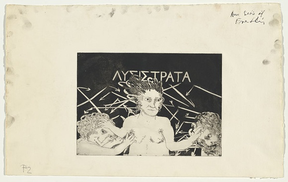 Artist: b'BOYD, Arthur' | Title: b'Title-page. Variant of number 1. Lysistrata between the Athenian and the Spartan.' | Date: (1970) | Technique: b'etching and aquatint, printed in black ink, from one plate' | Copyright: b'Reproduced with permission of Bundanon Trust' Artist: b'BOYD, Arthur' | Title: b'Title-page. Variant of number 1. Lysistrata between the Athenian and the Spartan.' | Date: (1970) | Technique: b'etching and aquatint, printed in black ink, from one plate' | Copyright: b'Reproduced with permission of Bundanon Trust'