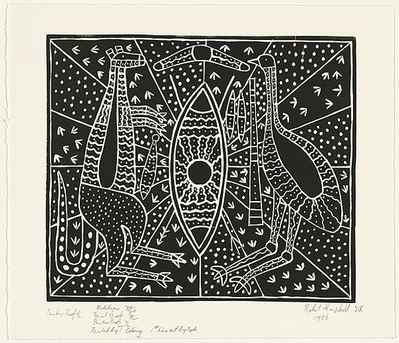 Title: b'Australian Aboriginal emblem' | Date: 1986 | Technique: b'linocut, printed in black ink, from one block'