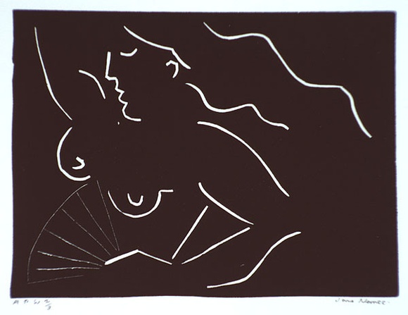Artist: b'Nemec, Jane.' | Title: b'Woman with fan' | Date: 2000, September | Technique: b'linocut, printed in black ink, from one block' Artist: b'Nemec, Jane.' | Title: b'Woman with fan' | Date: 2000, September | Technique: b'linocut, printed in black ink, from one block'