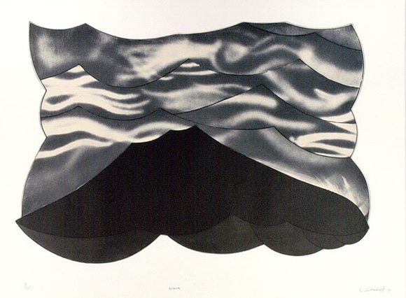 Artist: b'Clutterbuck, Jock.' | Title: b'Wave.' | Date: 1971 | Technique: b'etching and aquatint, colour stencil, printed from one magnesium plate' Artist: b'Clutterbuck, Jock.' | Title: b'Wave.' | Date: 1971 | Technique: b'etching and aquatint, colour stencil, printed from one magnesium plate'