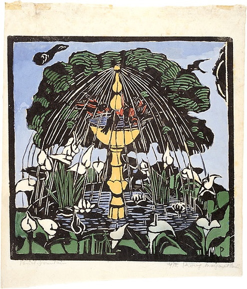 Artist: b'PRESTON, Margaret' | Title: b'Bird fountain' | Date: 1925 | Technique: b'woodcut, printed in black ink, from one block; hand-coloured' | Copyright: b'\xc2\xa9 Margaret Preston. Licensed by VISCOPY, Australia' Artist: b'PRESTON, Margaret' | Title: b'Bird fountain' | Date: 1925 | Technique: b'woodcut, printed in black ink, from one block; hand-coloured' | Copyright: b'\xc2\xa9 Margaret Preston. Licensed by VISCOPY, Australia'