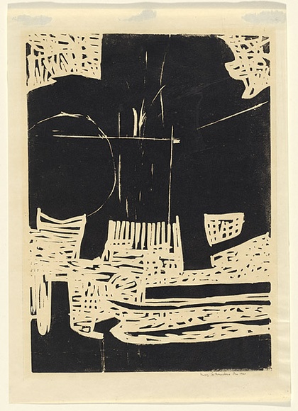 Artist: b'Salkauskas, Henry.' | Title: b'Black Harbour.' | Date: 1961 | Technique: b'linocut, printed in black ink, from one block' | Copyright: b'\xc2\xa9 Eva Kubbos' Artist: b'Salkauskas, Henry.' | Title: b'Black Harbour.' | Date: 1961 | Technique: b'linocut, printed in black ink, from one block' | Copyright: b'\xc2\xa9 Eva Kubbos'