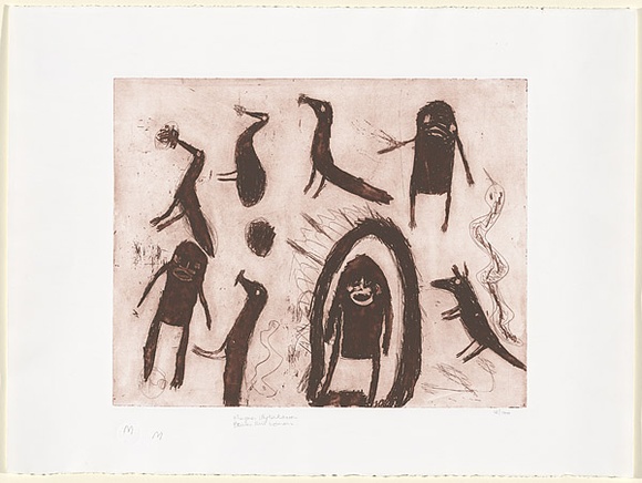 Artist: b'McLean, Mary Pantjiti.' | Title: b'Minya - Illykakarra, Bower Bird Woman' | Date: 2001 | Technique: b'etching, printed in brown ink, from one plate' Artist: b'McLean, Mary Pantjiti.' | Title: b'Minya - Illykakarra, Bower Bird Woman' | Date: 2001 | Technique: b'etching, printed in brown ink, from one plate'