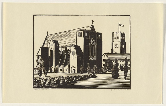 Artist: b'Hirschfeld Mack, Ludwig.' | Title: b'Corio (The chapel).' | Date: 1943 | Technique: b'woodcut, printed in black ink, from one block' Artist: b'Hirschfeld Mack, Ludwig.' | Title: b'Corio (The chapel).' | Date: 1943 | Technique: b'woodcut, printed in black ink, from one block'