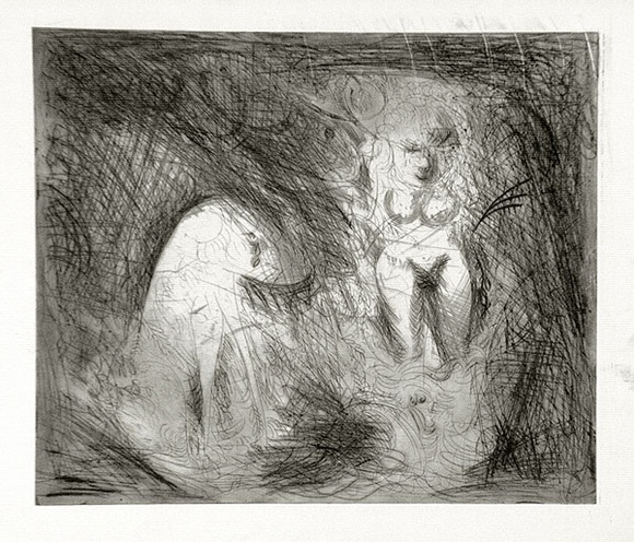 Artist: b'BOYD, Arthur' | Title: bNude walking in a creek with dog and ram's head. | Date: (1962-63) | Technique: b'etching and drypoint, printed in black ink, from one plate' | Copyright: b'Reproduced with permission of Bundanon Trust' Artist: b'BOYD, Arthur' | Title: bNude walking in a creek with dog and ram's head. | Date: (1962-63) | Technique: b'etching and drypoint, printed in black ink, from one plate' | Copyright: b'Reproduced with permission of Bundanon Trust'