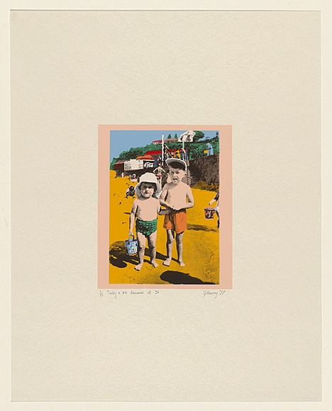 Artist: b'HARVEY, Geoffrey' | Title: bTeddy and me summer of '56 | Date: 1977 | Technique: b'photo-screenprint, printed in colour, from multiple stencils' Artist: b'HARVEY, Geoffrey' | Title: bTeddy and me summer of '56 | Date: 1977 | Technique: b'photo-screenprint, printed in colour, from multiple stencils'