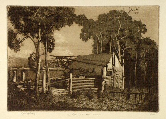 Artist: b'LINDSAY, Lionel' | Title: b'The dilapidated barn, Kurrajong' | Date: 1924 | Technique: b'spirit-aquatint and burnishing, printed in brown ink, from one plate' | Copyright: b'Courtesy of the National Library of Australia' Artist: b'LINDSAY, Lionel' | Title: b'The dilapidated barn, Kurrajong' | Date: 1924 | Technique: b'spirit-aquatint and burnishing, printed in brown ink, from one plate' | Copyright: b'Courtesy of the National Library of Australia'