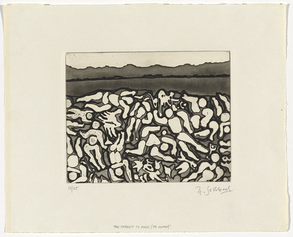 Artist: b'SELLBACH, Udo' | Title: b'The target is man (to dump)' | Technique: b'etching and aquatint, printed in black ink, from one plate' Artist: b'SELLBACH, Udo' | Title: b'The target is man (to dump)' | Technique: b'etching and aquatint, printed in black ink, from one plate'