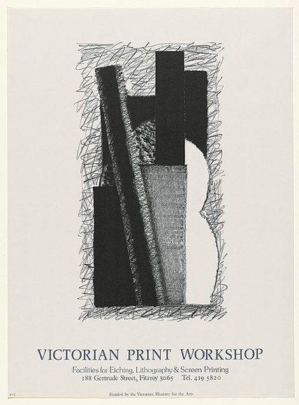 Artist: b'Lincoln, Kevin.' | Title: b'Victorian Print Workshop. Facilities for etching, lithography and screen printing' | Date: 1985 | Technique: b'offset-lithograph, printed in black ink, from one stone' Artist: b'Lincoln, Kevin.' | Title: b'Victorian Print Workshop. Facilities for etching, lithography and screen printing' | Date: 1985 | Technique: b'offset-lithograph, printed in black ink, from one stone'