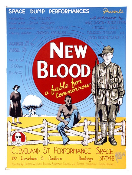 Artist: b'Jansons, Sylvia.' | Title: b'New blood, a fable for tomorrow.' | Date: 1980 | Technique: b'screenprint, printed in colour, from multiple stencils' Artist: b'Jansons, Sylvia.' | Title: b'New blood, a fable for tomorrow.' | Date: 1980 | Technique: b'screenprint, printed in colour, from multiple stencils'