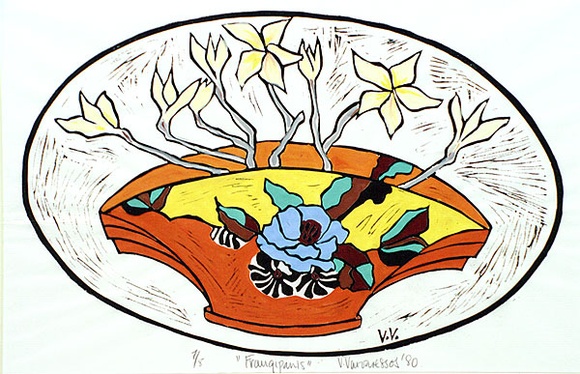Artist: b'Varvaressos, Vicki.' | Title: b'Frangipanis' | Date: 1980 | Technique: b'linocut, printed in black ink, from one block; hand-coloured' | Copyright: b'\xc2\xa9 Vicki Varvaressos' Artist: b'Varvaressos, Vicki.' | Title: b'Frangipanis' | Date: 1980 | Technique: b'linocut, printed in black ink, from one block; hand-coloured' | Copyright: b'\xc2\xa9 Vicki Varvaressos'