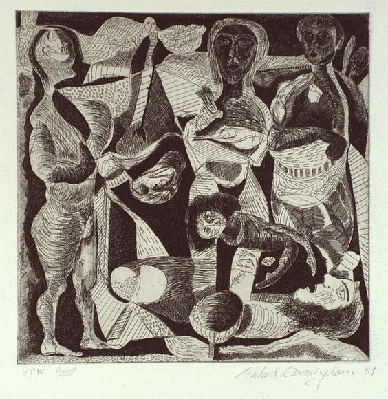 Artist: b'Birmingham, Richard.' | Title: b'not titled (swirling figures and buildings 2)' | Date: 1989 | Technique: b'etching, printed in black ink, from one plate' Artist: b'Birmingham, Richard.' | Title: b'not titled (swirling figures and buildings 2)' | Date: 1989 | Technique: b'etching, printed in black ink, from one plate'