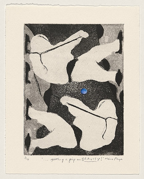 Artist: b'PLAYNE, Moira' | Title: b'.... getting a grip on gravity' | Date: 1999 | Technique: b'aquatint and open-bite, printed in black ink, from one plate; handcoloured with watercolour' | Copyright: b'\xc2\xa9 Moira Playne, 1999' Artist: b'PLAYNE, Moira' | Title: b'.... getting a grip on gravity' | Date: 1999 | Technique: b'aquatint and open-bite, printed in black ink, from one plate; handcoloured with watercolour' | Copyright: b'\xc2\xa9 Moira Playne, 1999'