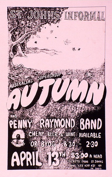 Artist: b'HEPWORTH, John' | Title: bAustralia's suprergroup Autumn and Penny Raymond Band. | Date: 1975 | Technique: b'screenprint, printed in black ink, from one stencil' Artist: b'HEPWORTH, John' | Title: bAustralia's suprergroup Autumn and Penny Raymond Band. | Date: 1975 | Technique: b'screenprint, printed in black ink, from one stencil'