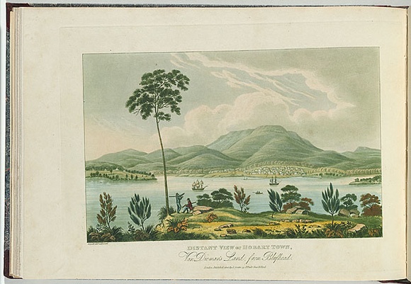 Artist: b'Lycett, Joseph.' | Title: bDistant view of Hobart Town, Van Diemen's Land, from Blufhead. | Date: 1825 | Technique: b'etching, aquatint and roulette, printed in black ink, from one copper plate; hand-coloured' Artist: b'Lycett, Joseph.' | Title: bDistant view of Hobart Town, Van Diemen's Land, from Blufhead. | Date: 1825 | Technique: b'etching, aquatint and roulette, printed in black ink, from one copper plate; hand-coloured'