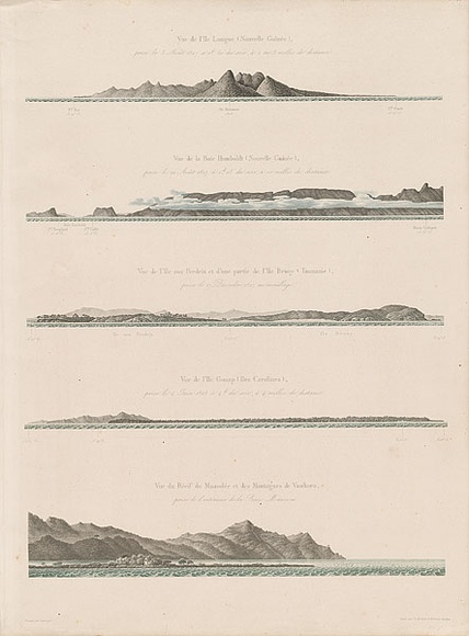 Artist: b'LAUVERGNE, Barthelemy' | Title: bVue de l'Ille Longue (Nouvelle Guinee) | Technique: b'etching, printed in black ink, from one plate; handcoloured' Artist: b'LAUVERGNE, Barthelemy' | Title: bVue de l'Ille Longue (Nouvelle Guinee) | Technique: b'etching, printed in black ink, from one plate; handcoloured'