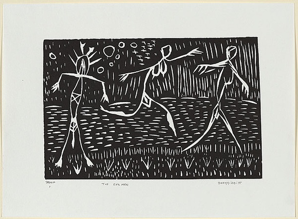 Artist: b'Deeaggadditt Phillips, Dennis.' | Title: b'The evil man' | Date: 1986 | Technique: b'linocut, printed in black ink, from one block' Artist: b'Deeaggadditt Phillips, Dennis.' | Title: b'The evil man' | Date: 1986 | Technique: b'linocut, printed in black ink, from one block'