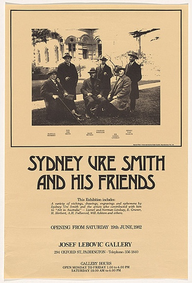 Title: b'Sydney Ure Smith and his friends: Opening from Saturday 19th June, 1982: Josef Lebovic Gallery.' | Date: 1982 | Technique: b'screenprint, printed in black ink' Title: b'Sydney Ure Smith and his friends: Opening from Saturday 19th June, 1982: Josef Lebovic Gallery.' | Date: 1982 | Technique: b'screenprint, printed in black ink'