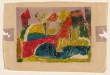 Title: b'The red bridge' | Date: c. 1955 | Technique: b'screenprint, printed in mauve ink, from one stencil; stamped print, printed in coloured ink, from multiple stamps'
