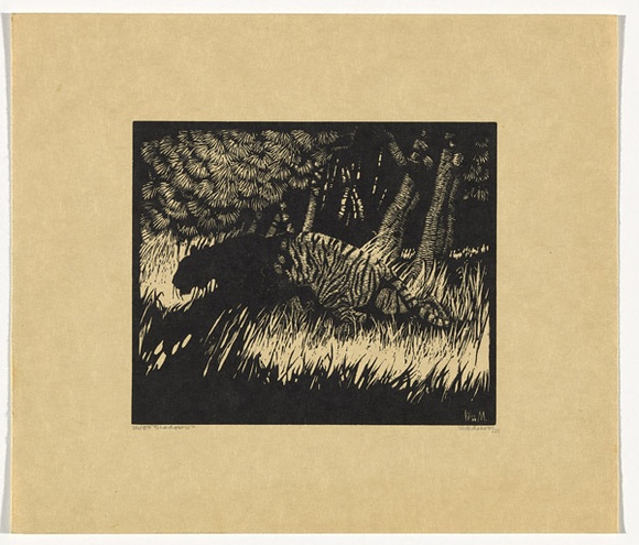 Artist: b'Mahoney, Will.' | Title: b'Shadows' | Date: 1929 | Technique: b'wood-engraving, printed in black ink, from one block' Artist: b'Mahoney, Will.' | Title: b'Shadows' | Date: 1929 | Technique: b'wood-engraving, printed in black ink, from one block'