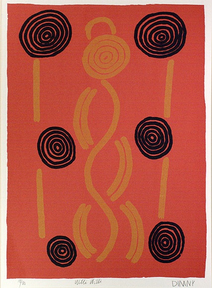 Artist: b'Nolan Tjampitjinpa, Dinny.' | Title: b'Willi Willi' | Date: 1987 | Technique: b'screenprint, printed in colour, from multiple stencils' Artist: b'Nolan Tjampitjinpa, Dinny.' | Title: b'Willi Willi' | Date: 1987 | Technique: b'screenprint, printed in colour, from multiple stencils'